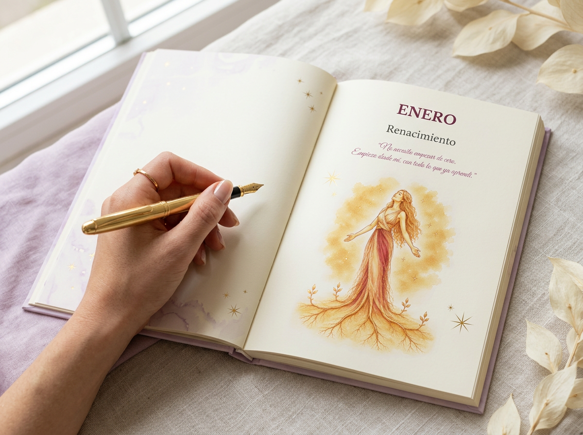 Agenda Celestia Alchemy 2027 morada abierta por enero mientras una mano escribe
